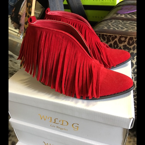 Red V Fringe BOOTIES Ankle Shoes Suede Block Heels - Picture 2 of 5